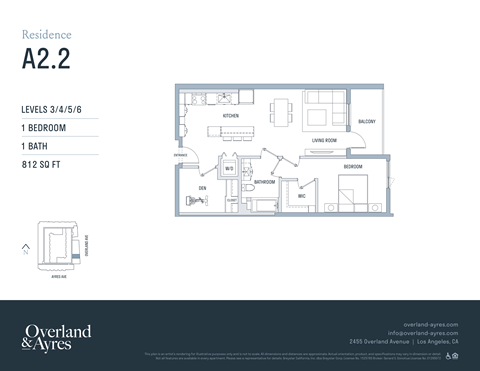 A floor plan for a residence labeled A2.2 shows a living room, two bedrooms, a bath, and a kitchen.